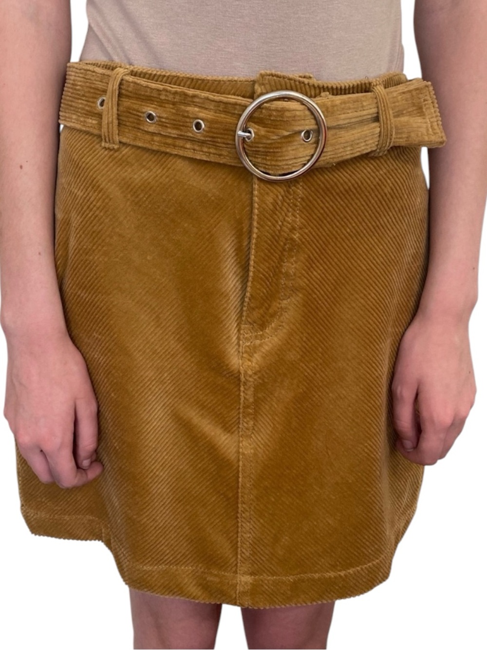 Love Tree Corduroy Mini Skirt with Round Buckle — Camel